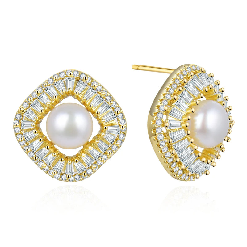 Freshwater Pearl Stud Earrings Zircon Jewelry