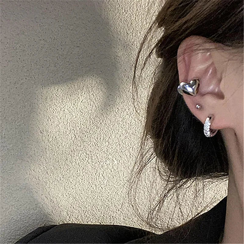 Silver Love Heart Clip Earrings No Piercing Ear Cuff Wedding Jewelry