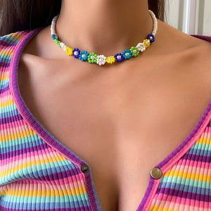 Colorful Acrylic Flowers Beaded Chain Choker Necklace for Women