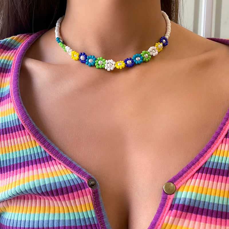 Colorful Acrylic Flowers Beaded Chain Choker Necklace for Women