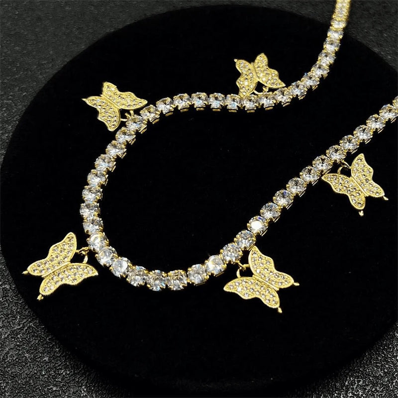Butterfly Necklace Pendant Cuban Chain Rhinestone Jewelry Party Gift
