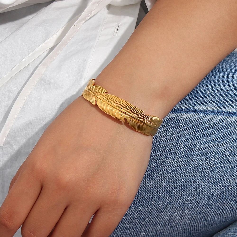Vintage Feather Leaf Bangle Bracelets Stainless Steel 18k Plated