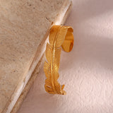 Vintage Feather Leaf Bangle Bracelets Stainless Steel 18k Plated