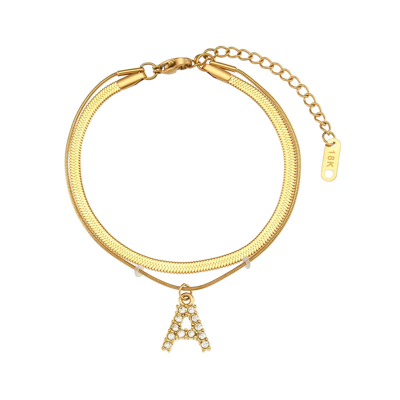 Crystal Letter Charm Double Layer Bracelet for Lady Zircon Initial Bangle