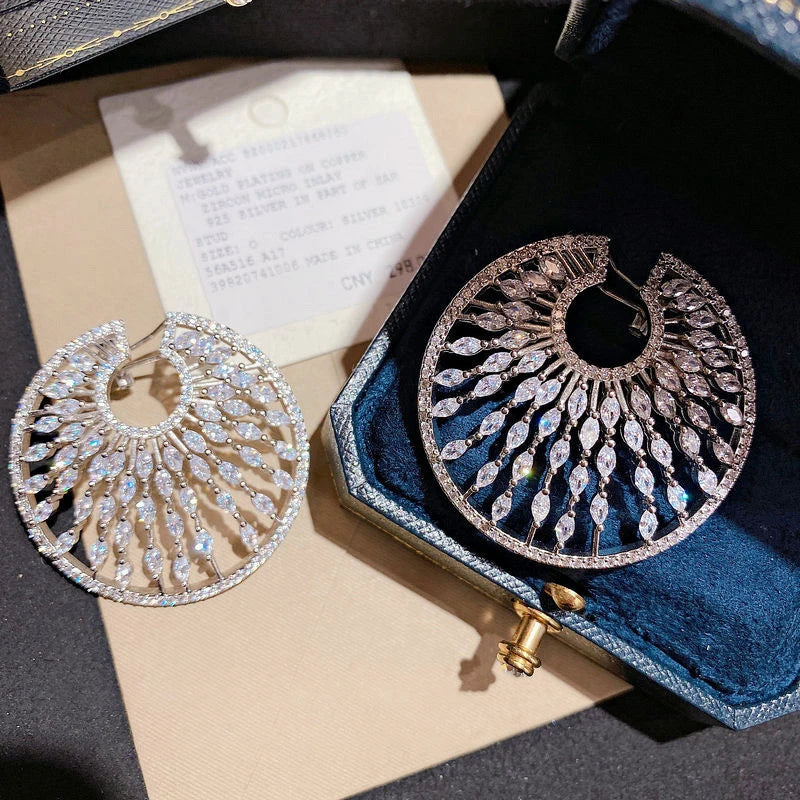 Crystal Silver Drop Tassel Circle Wedding Earrings Round Stud Bridal