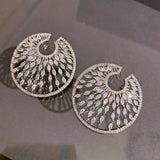 Crystal Silver Drop Tassel Circle Wedding Earrings Round Stud Bridal