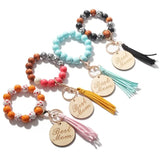 Leopard Print Wood Bead Keychain Tassel Bag Pendant