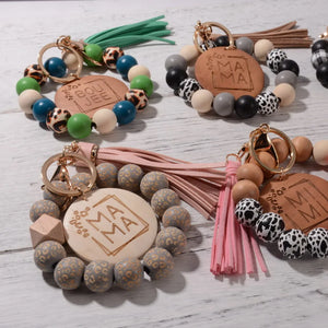 Leopard Print Wood Bead Keychain Tassel Bag Pendant Accessory