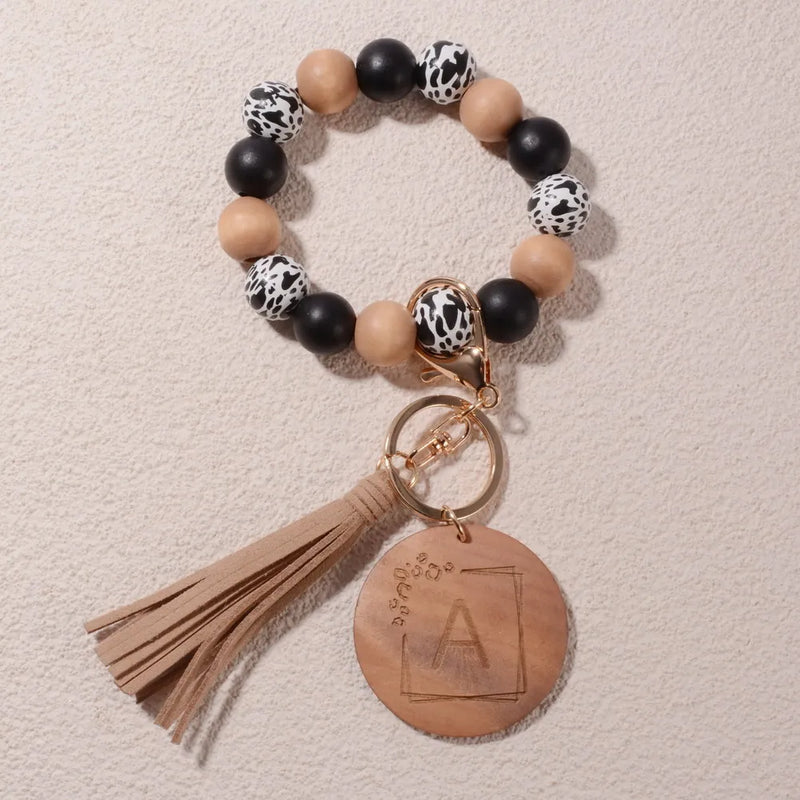 Leopard Print Wood Bead Keychain Tassel Bag Pendant Accessory