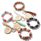 Leopard Print Wood Bead Keychain Tassel Bag Pendant