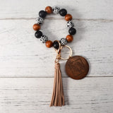 Leopard Print Wood Bead Keychain Tassel Bag Pendant Accessory