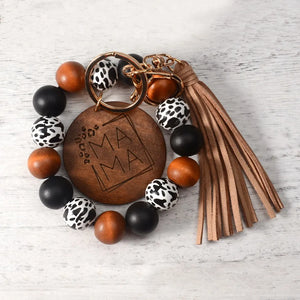 Leopard Print Tassel Wrist Keychain Wood Bead Keyring Gift