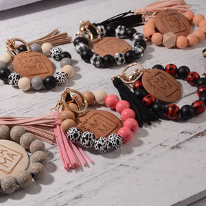 Leopard Print Tassel Wrist Keychain Wood Bead Keyring Gift