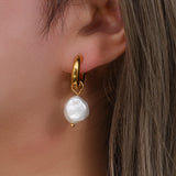 Freshwater Pearl Hoop Earrings Waterproof Stainless Steel