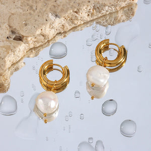 Freshwater Pearl Hoop Earrings Waterproof Stainless Steel