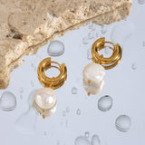 Freshwater Pearl Hoop Earrings Waterproof Stainless Steel