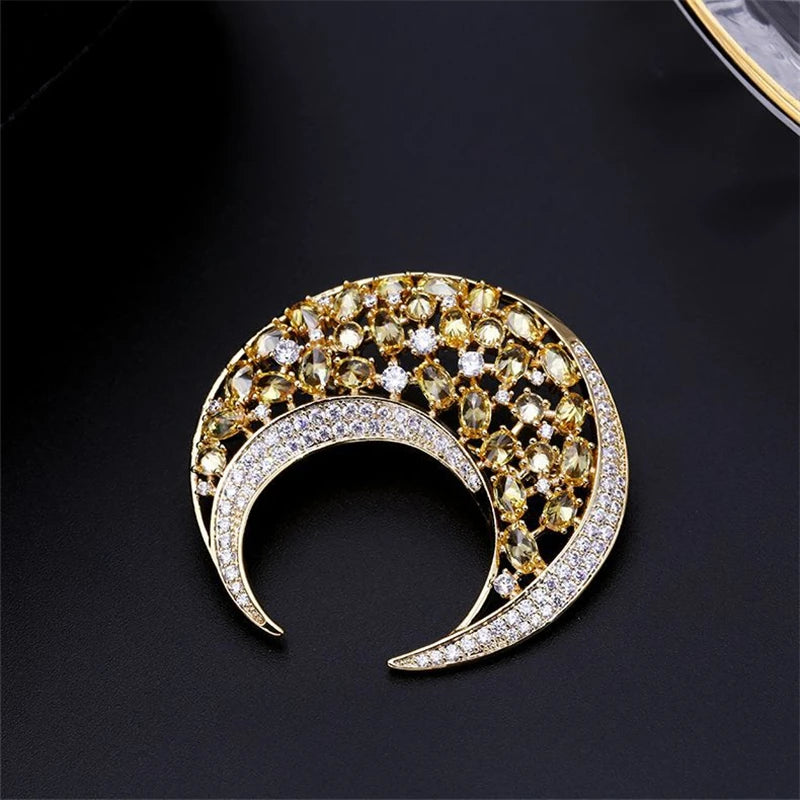 Moon Rhinestone Brooch Pin Copper Jewelry Colorful Crystal Zircon