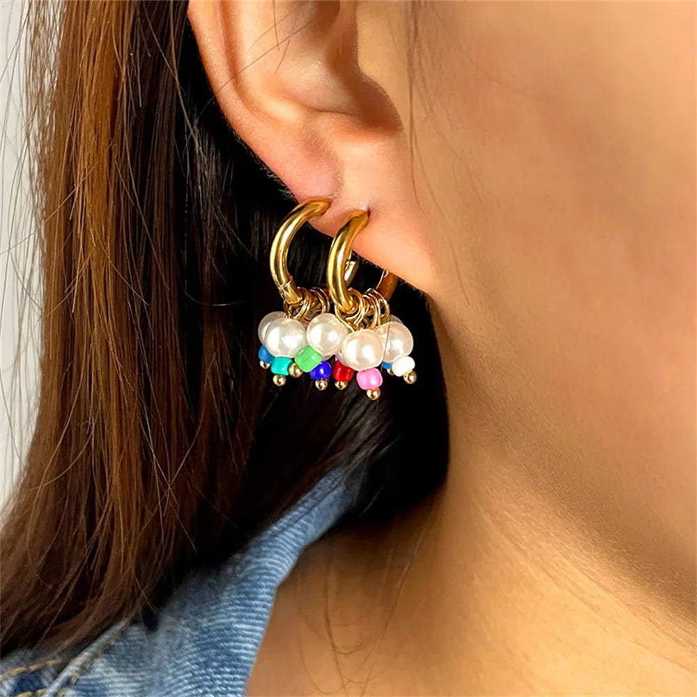 Multicolor Beads Pearl Charm Earring Stainless Steel Small Round Circle Earring