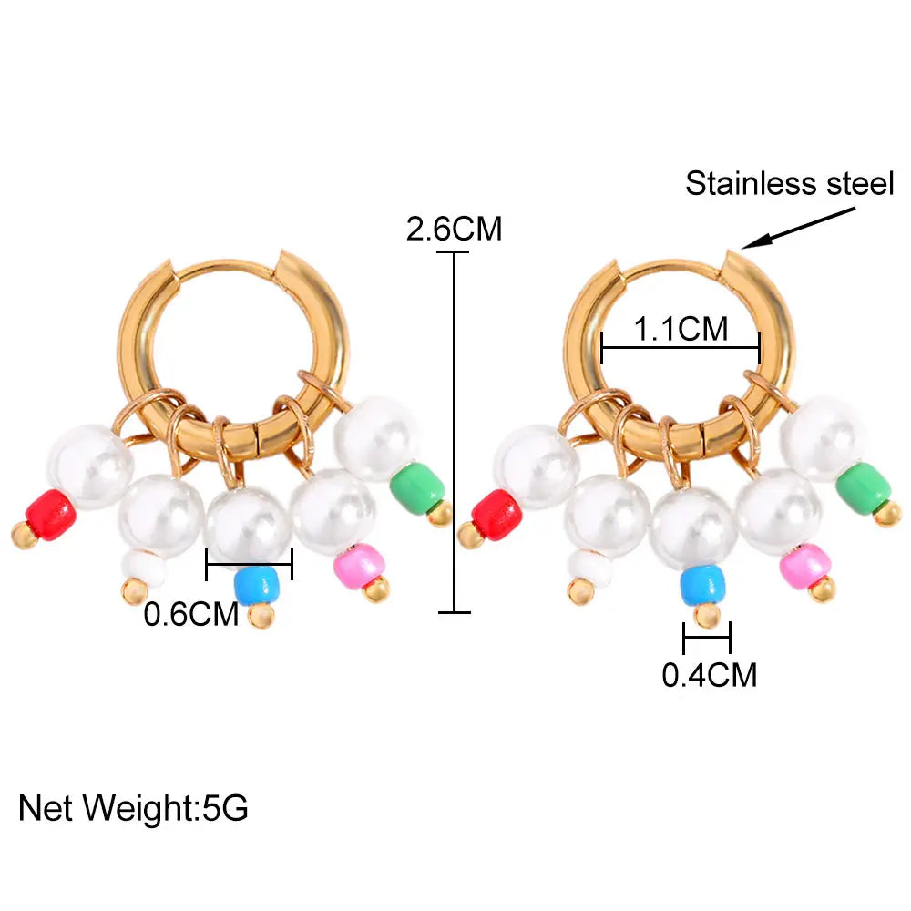 Multicolor Beads Pearl Charm Earring Stainless Steel Small Round Circle Earring
