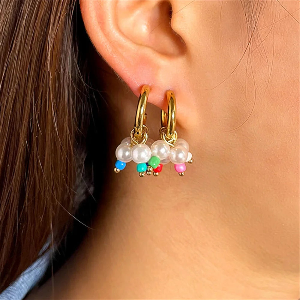 Multicolor Beads Pearl Charm Earring Stainless Steel Small Round Circle Earring