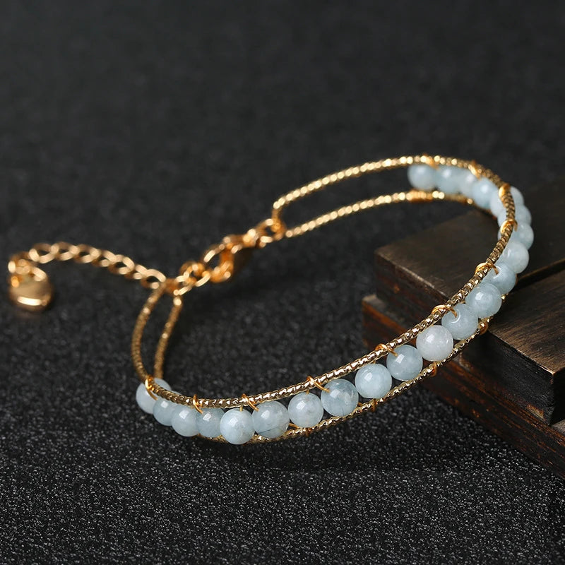 Aquamarine Stone Charm Bracelet Round Beads Xmas Gift