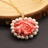 Pink Coral Flower Pendant Silver Jewelry Reiki Necklace