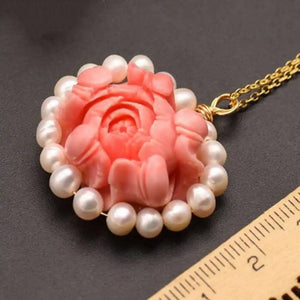 Pink Coral Flower Pendant Silver Jewelry Reiki Necklace