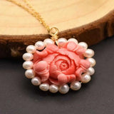 Pink Coral Flower Pendant Silver Jewelry Reiki Necklace