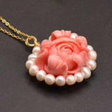 Pink Coral Flower Pendant Silver Jewelry Reiki Necklace