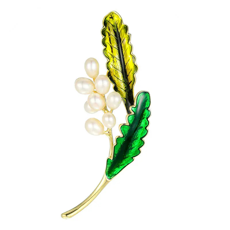 Oil Dropping Leaf Natural Pearl Personality Flower Brooch