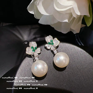 925 Silver Pearl Drop Earrings Zircon Jewelry Set