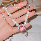 Pearl Pendant Necklace Heart CZ Double-Deck Jewelry Women Wedding