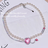 Pearl Pendant Necklace Heart CZ Double-Deck Jewelry Women Wedding