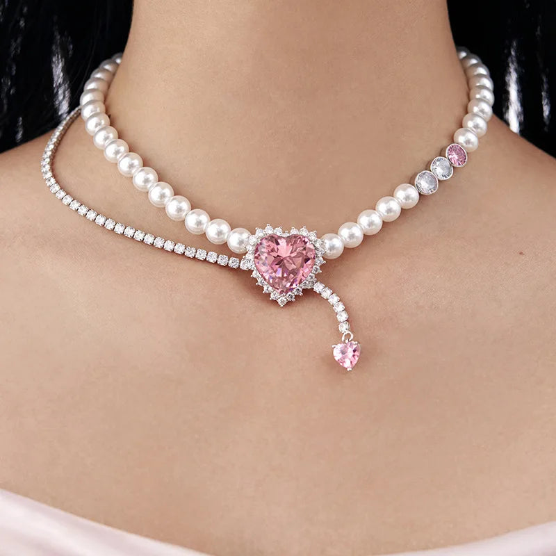 Pearl Pendant Necklace Heart CZ Double-Deck Jewelry Women Wedding