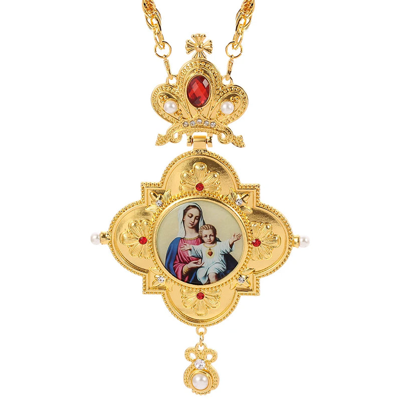 Orthodox Jesus Cross Pendant Necklace with Red Crystal
