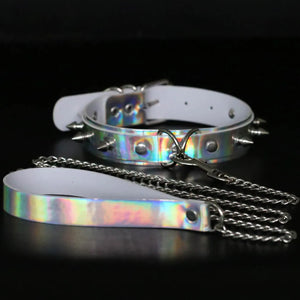 Sexy Rivet Laser Leather Collar Nightclub Bar Girl Slave Training Rope