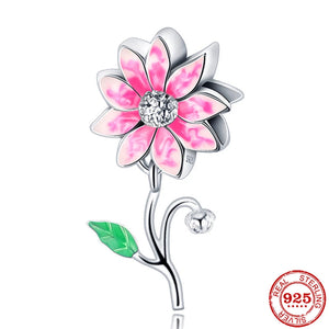 Pink Flower Pendants Charms Bead 925 Silver Bracelet Trinket DIY Jewelry