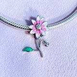 Pink Flower Pendants Charms Bead 925 Silver Bracelet Trinket DIY Jewelry