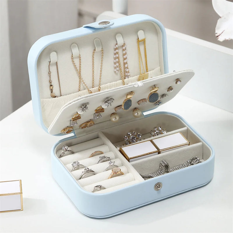Portable Travel Jewelry Box Organizer Leather Earrings Necklaces Ring Storage