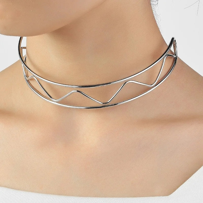Punk Silver Wave Shape Torques Choker Necklaces