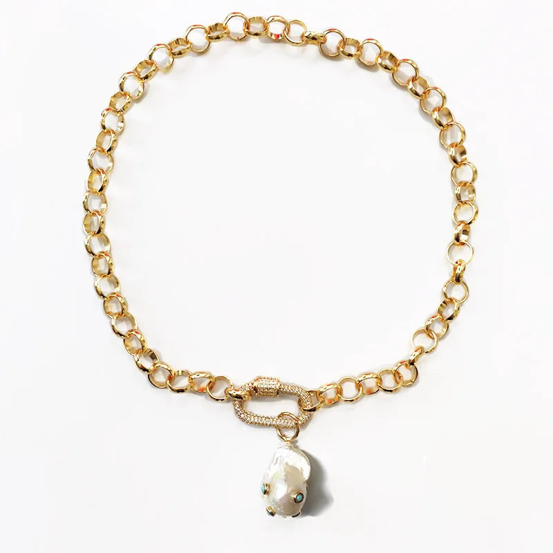 Punk Gold Chain Pendant Necklace with Baroque Pearl