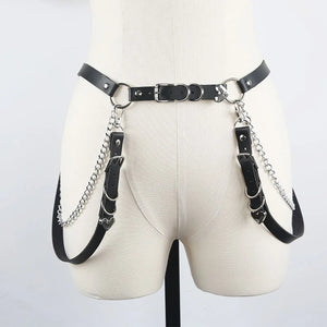 Punk Gothic Faux Leather Belt Metal Chain Ring Waist Strap Street Dance