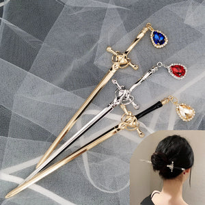 Punk Metal Sword Hairpin Chinese Ruby Hair Sticks DIY Hairstyle Tools