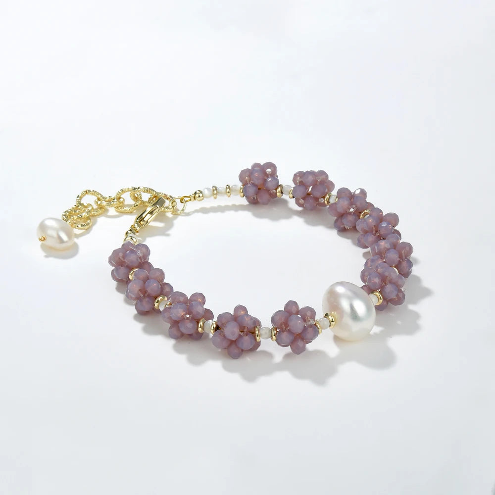 Purple Crystal Pearl Bracelet Vintage Round Chain Beads Bracelets