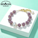 Purple Crystal Pearl Bracelet Vintage Round Chain Beads Bracelets