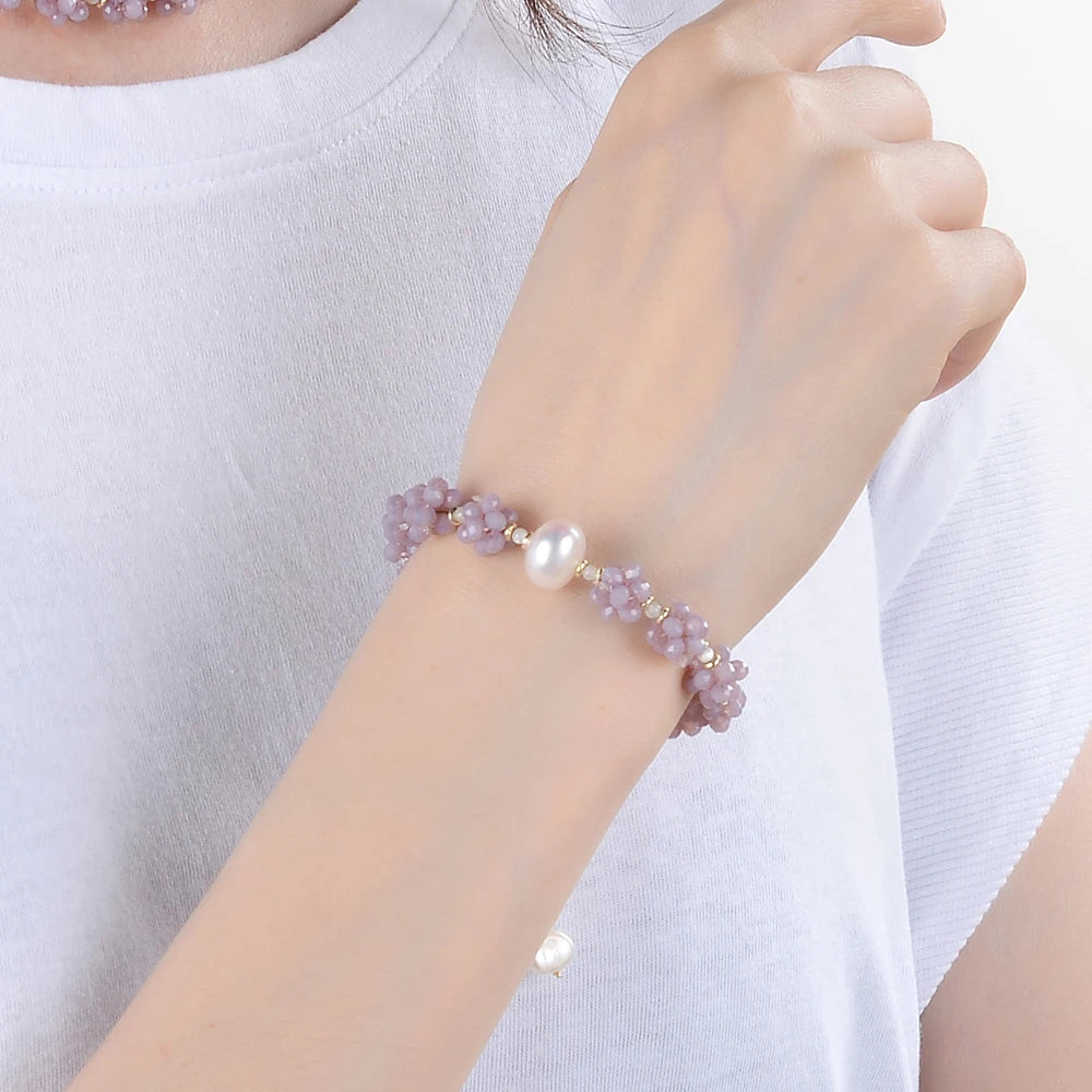 Purple Crystal Pearl Bracelet Vintage Round Chain Beads Bracelets