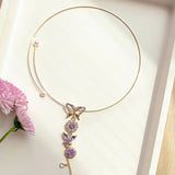 Purple Pearl Butterfly Flower Tassel Necklace Clavicle Chain