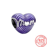 Purple Radiating Love Mum Heart Charm 925 Sterling Silver Beads