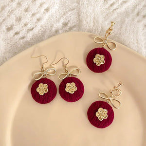 Red Fabric Retro Earrings French Bow Flower Ear Clip