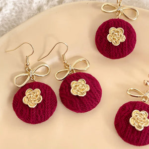 Red Fabric Retro Earrings French Bow Flower Ear Clip